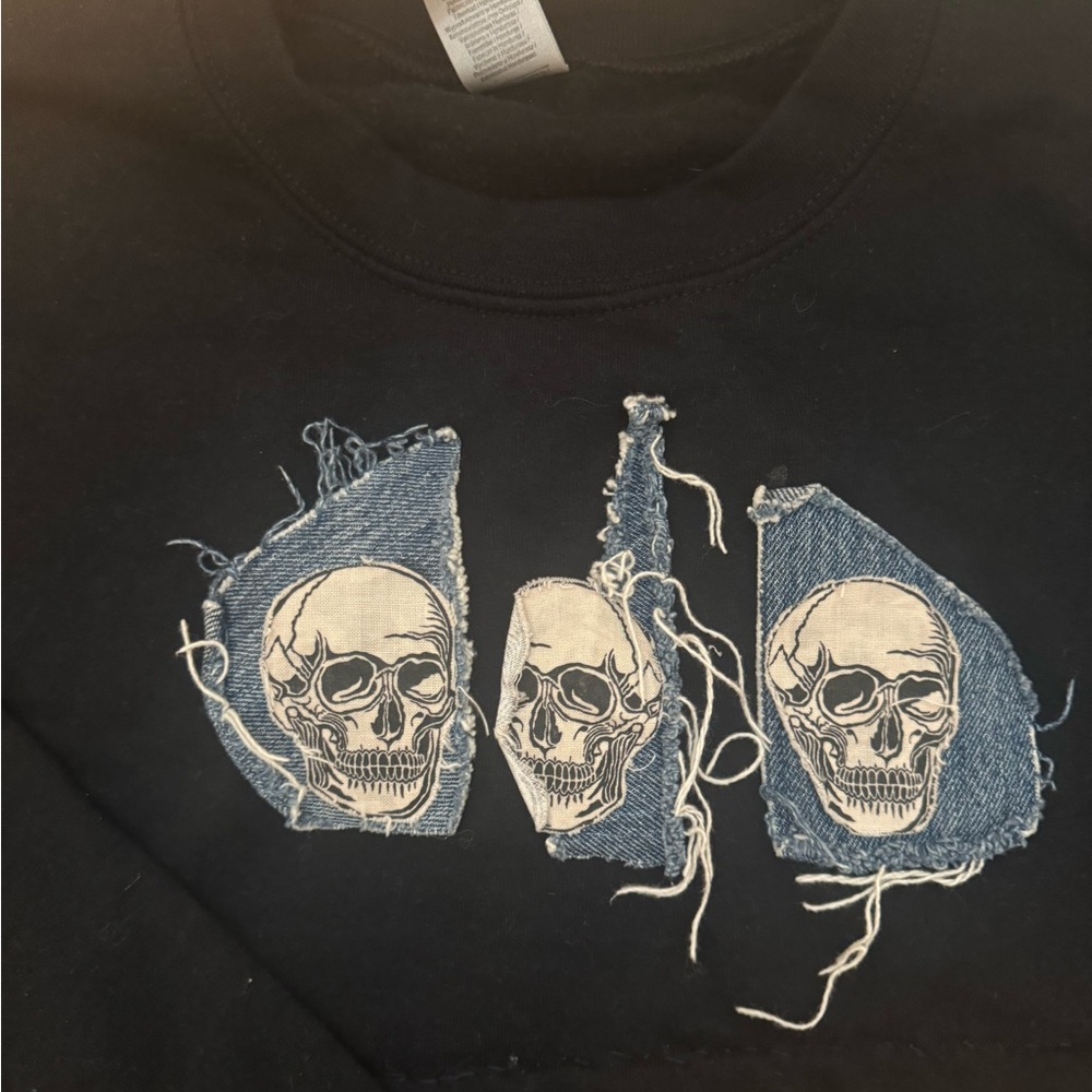 skeleton denim patchwork crewneck - Picture 3 of 8